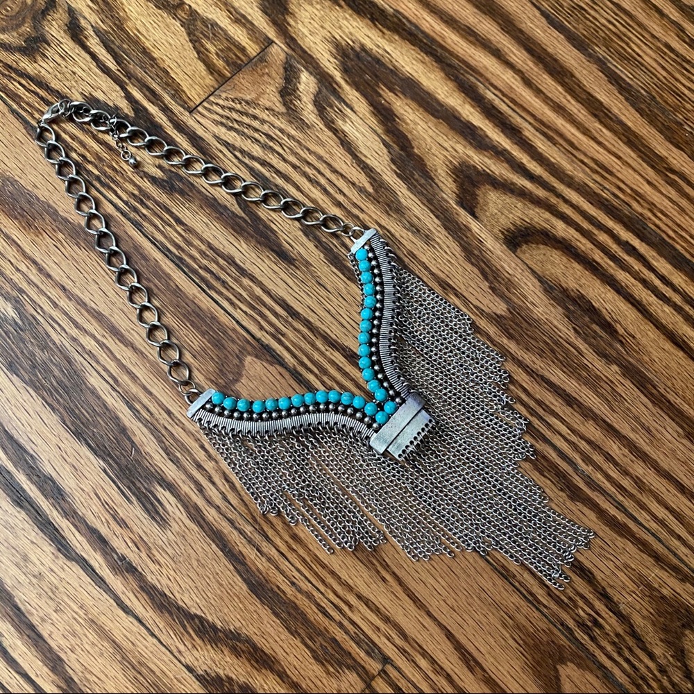 Bohemian Turquoise Silver Chain Fringe Necklace
